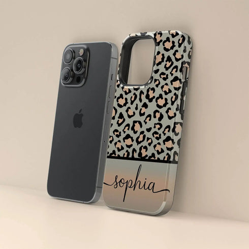 Grey & Peach Personalized Name Leopard iPhone Case